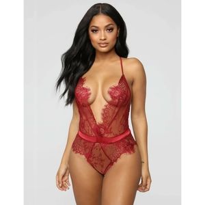 Red Lace Eyelash Hollow Out Deep V teddy
